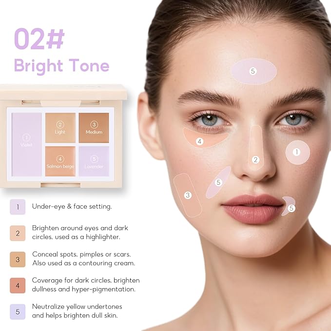 Color Corrector Palette for Dark Circles, Redness & Blemishes, Creamy Concealer + Setting Powder with Hydrating Ingredients, 12H Crease-Proof Wear, 02# Bright Tone