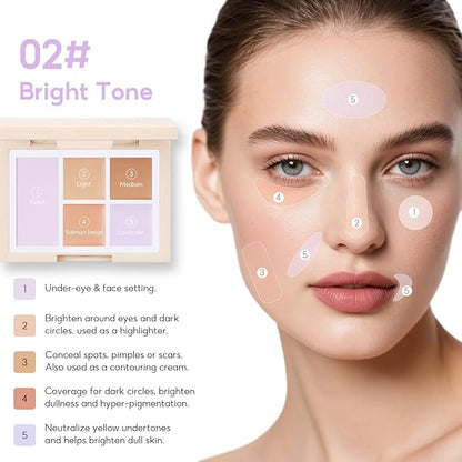 Color Corrector Palette for Dark Circles, Redness & Blemishes, Creamy Concealer + Setting Powder with Hydrating Ingredients, 12H Crease-Proof Wear, 02# Bright Tone