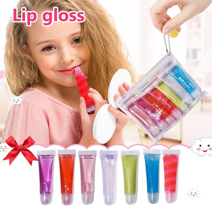 M&U Sparkle Lip Gloss Set with Handbag, 7Pcs Assorted Flavors Hydrating Lip Balm Party Favor Make-up for Kids and Teens Ages 5+