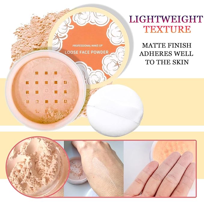 2PCS Loose Setting Powder with Cosmetic Brush,Waterproof Loose Powder Makeup,Natural Matte Translucent Powder Setting Powder,Oil Control Loose Face Powder for Women and Men