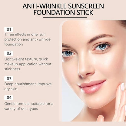 3 In 1 Anti-Wrinkle Foundation Stick with SPF 50+, PA++++, Korean Hydrating Lightweight Flawless Eraser Foundation Stick with Brush, Full Coverage Thin and Natural Finish(Natural)