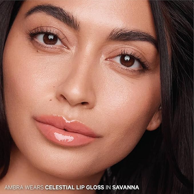 Kevyn Aucoin Celestial Lip Gloss, Savanna (iridescent dusty peach): Light reflecting shine & sheer. Precision makeup artist applicator. Hydrating and not-sticky. Multi-dimensional 3D plumping effect.