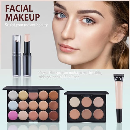 Makeup Kit For Women Full kit, Makeup Set For Teen Girls Eyeshadow Lip gloss Lipstick Make up Brushes Eyebrow Eyeliner Pen Liquid Concealer Foundation Primer makeup bag