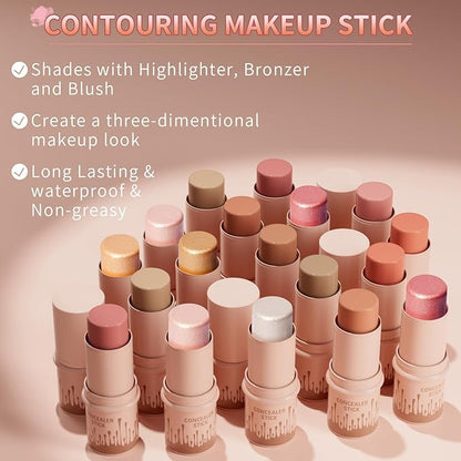 3pcs Face Contour Stick, Highlighter Stick Blush Stick Cream Contour Kit Makeup Set with Brush, Contouring Stick for Fair Skin, Concealer Stick Makeup Gift for Beginner Women Teen Girls