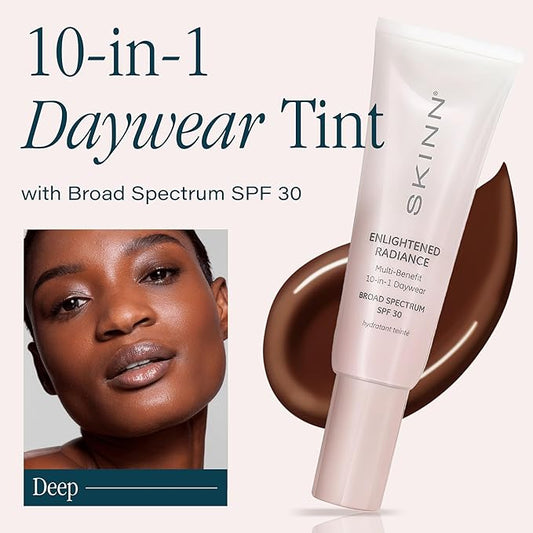 SKINN Enlightened Radiance 10-in-1 Tinted Sunscreen Broad Spectrum with SPF 30, (Deep) - Hydrating & Brightening Tinted Moisturizer for Face, Wrinkles & Fine Line - Lightweight Coverage Skin Tint