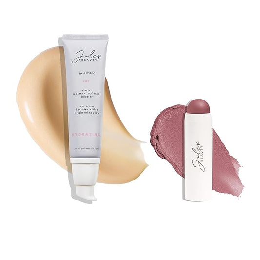 Julep Radiant Glow Duo: So Awake Snail Mucin Complexion Booster Moisturizer + Face Primer & Skip The Brush Cream-to-Powder Blush Stick in Muted Mauve Makeup & Skincare Set