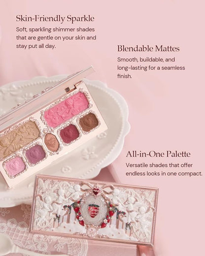 Flower Knows Strawberry Cupid Makeup Palette,Eyeshadow,Blush,Highlighting & Contour All-in-One Face Makeup Palette with 4 Matte+3 Shimmer Pink Shades(S02 Cupid's Mischief,0.49 Oz)