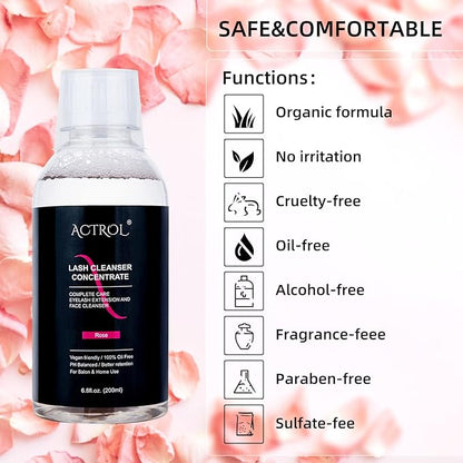 Eyelash Cleanser Concentrate 200ml Rose Professional Lash Shampoo Foaming Cleanser DIY Paraben & Sulfate Free Non-lrritating Wash for Extensions Lashes with Salon Home Care-Makes 40 Bottles