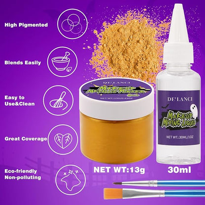 Gold Face Body Paint Metallic Powder Kit, Highly Pigmented Golden Metal Powder Face Painting with Mixing Liquid (1.06oz) and 2 Brushes, Halloween Makeup Kit for Special FX, Stage, Cosplay, Craft, Cos