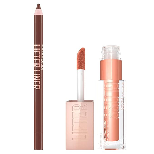 Maybelline Lifter Gloss and Lifter Liner Bundle, Lip Gloss and Lip Liner in Shades Amber and Cross The Line, Pack of 2