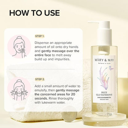Mary&May Rice Glutathione LHA Cleansing Oil - Deep Pore Cleansing, Blackhead & Whitehead Removal - Korean Makeup Remover with Rice Bran Oil, Gentle Exfoliation, Clean Beauty, 6.76 fl.oz.