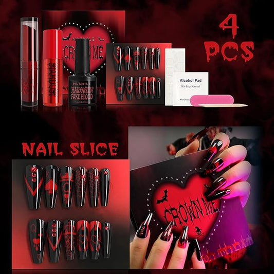 Halloween Fake Blood Vampire Accessories Blood Red Lipstick Glitter Eyeshadow Black Press On Nails for Eyes Teeth Mouth Nose Bleeds Cosplay SFX Zombie Makeup Monster Party Stage Horror Film
