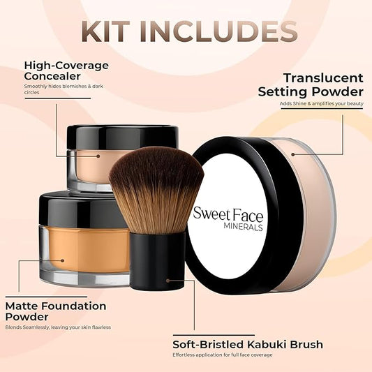 4pc Full Size Kit (Deep Tan) Mineral Makeup Matte Translucent Loose Foundation + Kabuki Brush + Concealer + Finishing Setting Powder + Bare Face Full Coverage SPF 30 All Skin Types Waterproof
