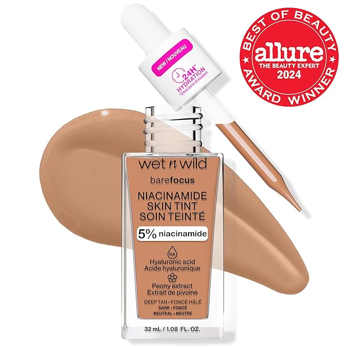 wet n wild Bare Focus Skin Tint, 5% Niacinamide Enriched, Buildable Sheer Lightweight Coverage, Natural Radiant Finish, Hyaluronic & Vitamin Hydration Boost, Cruelty-Free & Vegan - Deep Tan