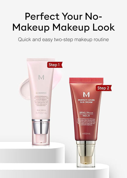 MISSHA BB ESSENTIALS KIT M PERFECT COVER BB CREAM No.21 Light Beige - Light with Cool Undertone/SPF 42 PA+++ 1.69 oz & M BB Boomer 1.35 oz -Lightweight, Multi-Function, High Coverage