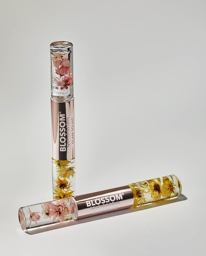Blossom Lip Gloss & Roll On Perfume for Women, Glam Squad Double Sided Gift Set, Infused with Real Flowers, Bachelorette Gift, Made in USA 0.2oz, Strawberry/Honey Jasmine