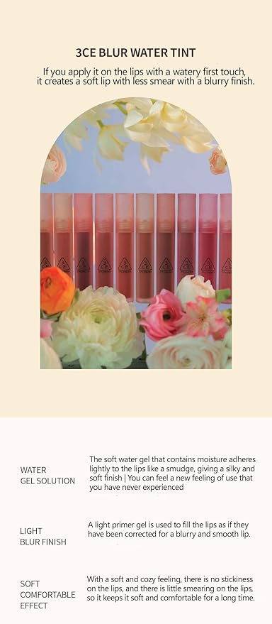 3CE BLUR WATER TINT(4.6g) soft lip with less smear with a blurry finish (#PINK GUAVA) with sun cream(1ml*3ea) with sun cream(1ml*3ea)