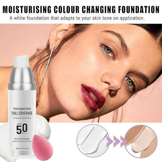 2PCS Color Changing Liquid Foundation,Full Coverage Foundation Set for Face Primer Base Makeup,Oil Control Lightweight Cream Concealer,Long-Lasting BB Cream Concealer with Makeup Sponge