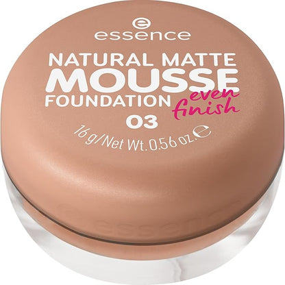 Essence NATURAL MATTE MOUSSE FOUNDATION, N. 03, nude, opacizzante, coprente, risultato espresso, opaco, vegano, senza olio, senza profumo, senza alcool, confezione da 1 (15 g)