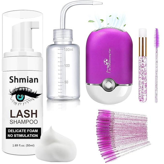 Lash Shampoo for Lash Extensions, Lash Fan 50ml Eyelash Foam cleanser with 50 Pcs Eyelash Brush and Rinse Bottle Oil Free/Sulfate Free Eyelash Wash Remover, Purple