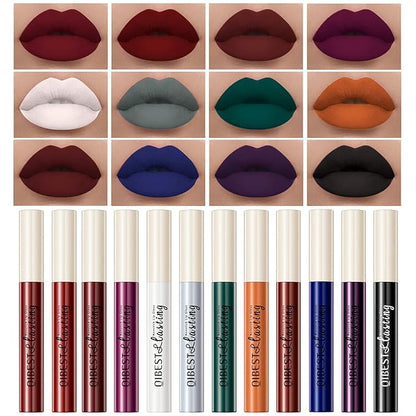 12Pcs Halloween Makeup Black Lipstick Lip Kit, Velvety Liquid Lipstick Waterproof Long Lasting Durable Nude Lip Gloss Beauty Dark Blue Black Purple Lip (Dramatic Lip Collection)