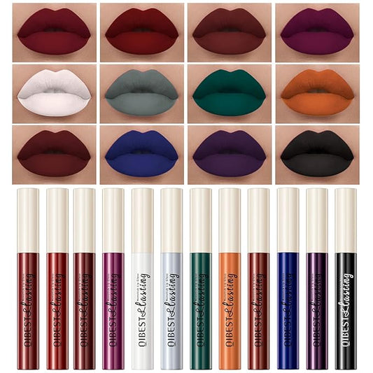 12Pcs Halloween Makeup Black Lipstick Lip Kit, Velvety Liquid Lipstick Waterproof Long Lasting Durable Nude Lip Gloss Beauty Dark Blue Black Purple Lip (Dramatic Lip Collection)
