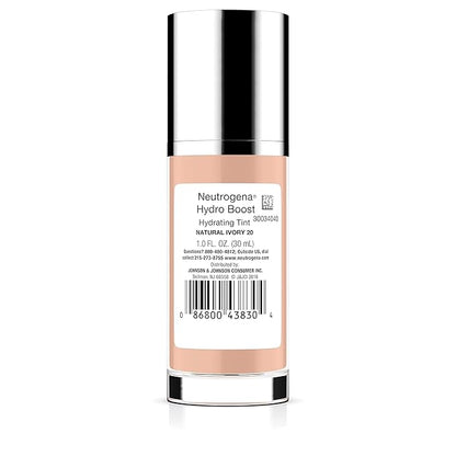 Neutrogena Hydro Boost Hydrating Tint with Hyaluronic Acid, Lightweight Water Gel Formula, Moisturizing, Oil-Free & Non-Comedogenic Liquid Foundation Makeup, 20 Natural Ivory, 1.0 fl. oz