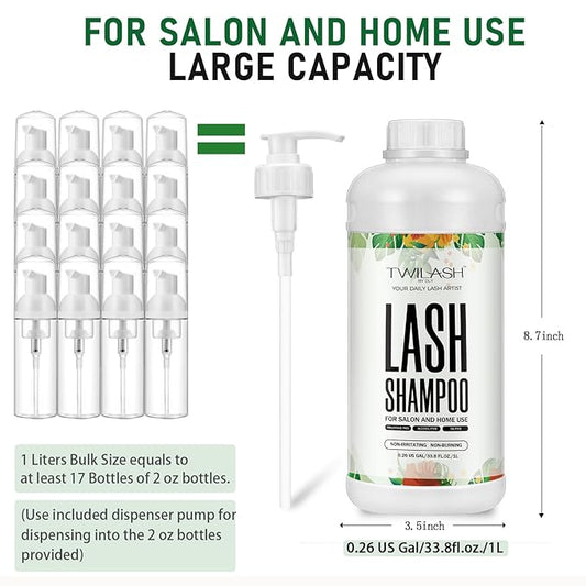 Lash Shampoo Bulk, Eyelash Cleanser for Extensions 1 Liter - 2 Foam Pump Bottles, 2 Lash Cleansing Brushes, Dispenser Pump - Eyelid Foaming Cleanser for Professional Salon and Home Use
