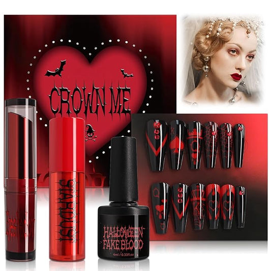 Halloween Fake Blood Vampire Accessories Blood Red Lipstick Glitter Eyeshadow Black Press On Nails for Eyes Teeth Mouth Nose Bleeds Cosplay SFX Zombie Makeup Monster Party Stage Horror Film