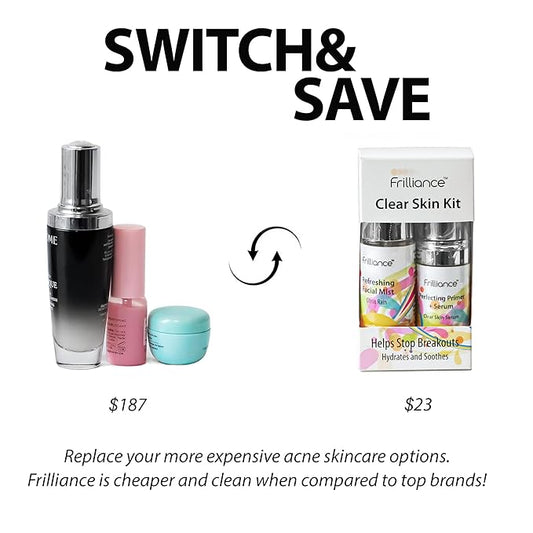 Frilliance Clear Skin Kit Perfecting Primer Serum & Facial Mist for Acne, Vegan Cruelty Free for Teens of All Skin Types, Mandelic Acid Fights Breakouts Blackheads