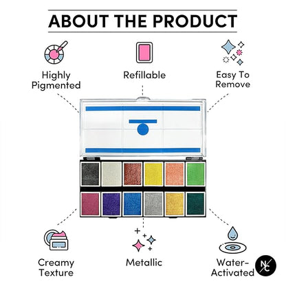 Metallic 12-Color Palette - Luxurious Water-Activated Makeup for Face & Body - Shimmering Shades for SFX, Cosplay, Theater, Film & TV Makeup Artists