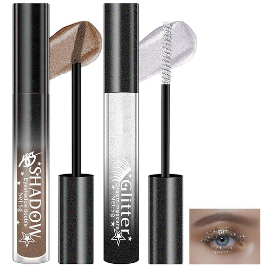 2 Pcs Glitter Mascara & Shimmer Liquid Eyeshadow Set, Long Lasting Waterproof, Shiny Diamond Eye Makeup for Party Dazzling Looks, Metallic Eye Shadow Lipstick Makeup #Set5(White+Mocha Brown)