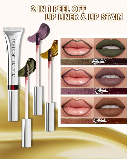 3Pcs Peel Off Lip Stain & Lip Liner Set Long Lasting,Tattoo Lipstain Peel Off Lip Gloss Nude Matte Lipstick, Waterproof,Transfer-Proof Lip Tint for All-Day Wear Women Lip Stain Color Makeup Gift-C