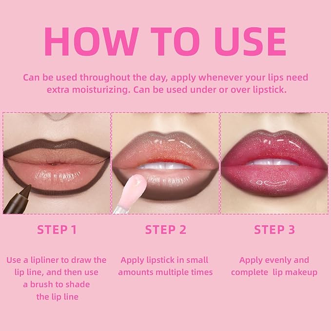 Color Changing Lip Oil with Brown Lip Liner,Big Brush Head Hydrating Non-Sticky Moisturizing Lightweight Magic Pink Glitter Tinted Lip Gloss for Women Plumping Lip Glow Oil for Dry Lips Makeup