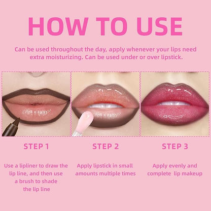 Color Changing Lip Oil with Brown Lip Liner,Big Brush Head Hydrating Non-Sticky Moisturizing Lightweight Magic Pink Glitter Tinted Lip Gloss for Women Plumping Lip Glow Oil for Dry Lips Makeup