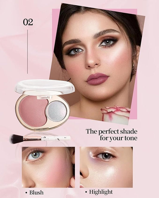 Blush and Highlighter Palette,2 in 1 Nude Pink Blusher Pearl Shimmer Highlighter,Matte Blusher and Bronzer for Face Cheeks,Longlasting Waterproof Facial Makeup Set with Brush,Makeup Gift for Women-02