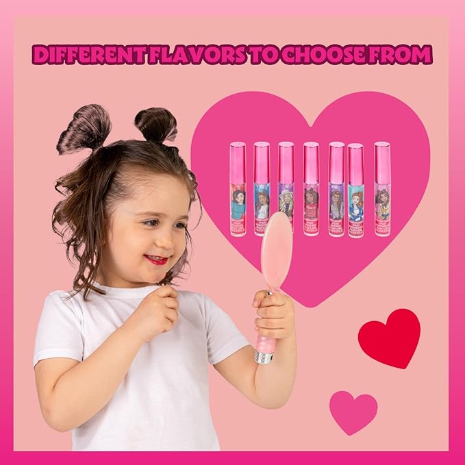 Barbie 7 Piece Plant Based Lip Gloss, Girls Party Favors, First Makeup Set for Girl, Perfect for Parties, Sleepovers, and Birthday Gifts, Ages 3+, by Townley Girl