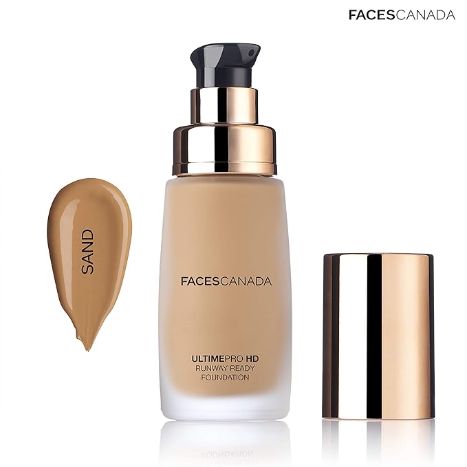 Faces Canada HD Runway Ready Foundation, Red Orange Extract & Gold particles, High Coverage, Oil-Free, Flawless Radiance, Vegan & Cruelty Free, Paraben Free, Sand 04 (Beige), 1.01 Fl Oz