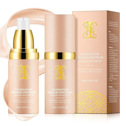 Foundation 4 in 1 - Medium Spectrum with SPF 50+, Anti-Aging, Concealer, Sun Protection, Hydrating Color Changing Foundation Makeup Liquid - Longwearing & Waterproof for Sport, Dancing (2PC, SPF50)