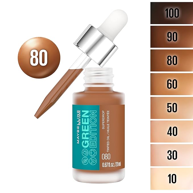 Maybelline Green Edition Superdrop Tinted Oil Base Makeup, Adjustable Natural Coverage Foundation Formulated With Jojoba & Marula Oil, 80, 1 Count