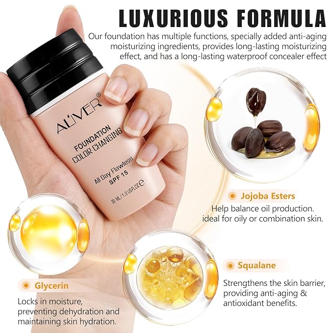Colour Changing Foundation, 2Pack Color Changing Liquid Foundation Makeup Base Moisturizing Concealer Cover for Women, SPF15, Sunscreen, Non-Greasy, Long Lasting