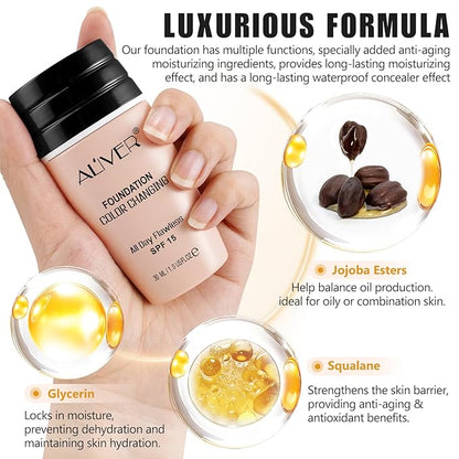Colour Changing Foundation, 2Pack Color Changing Liquid Foundation Makeup Base Moisturizing Concealer Cover for Women, SPF15, Sunscreen, Non-Greasy, Long Lasting