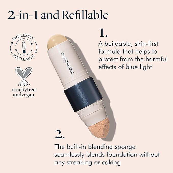 Trestique Refillable Face Stick Foundation with Built-In Sponge, Clean Beauty Medium Coverage Sustainable Makeup