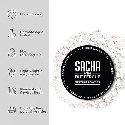Sacha BUTTERCUP No Color Mini Setting Powder. No Ashy Flashback. Blurs Fine Lines and Pores. Loose, Translucent Face Powder to Set Makeup Foundation or Concealer. For All Skin Tones, 0.35 oz.