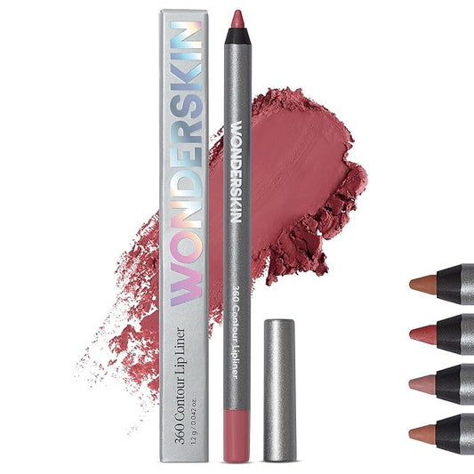 Wonderskin Lip Liner Pencil (Rosewood) - 360 Contour Lipliner, Long Lasting, Sharpenable, Waterproof and Transfer-Proof with Clear Glitter Lip Gloss, Hydrating and High Shine Finish