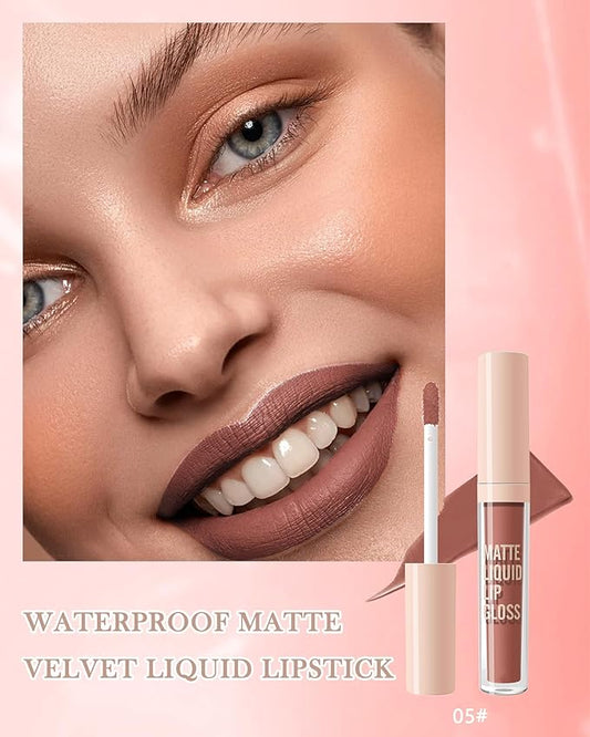 Matte Liquid Lipstick, Nude Red Velvet Lipstick Moisture Smooth Lip Stain Tint, 24H Stay Matte Lipstick, Non-Stick Cup Not Fade Long Wear Waterproof Lip Gloss Lipstick Gift for Women Girls-05#