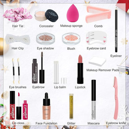 PHOEBE Makeup Advent Calendar Christmas Gifts Teenage Girls All-in-one Makeup Kit Surprise Gift Christmas Countdown Calendar Gifts Include Lip Gloss, Foundation, Concealer, Mascara, Eyebrow Pencil