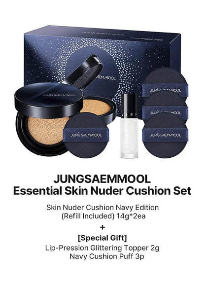 [JUNGSAEMMOOL OFFICIAL] Essential Skin Nuder Cushion Special Set (Medium Deep) | Nuder Cushion Navy Edition (Refill incl.) + Lip-Pression Glittering Topper + Navy Cushion Puffs (3pcs)