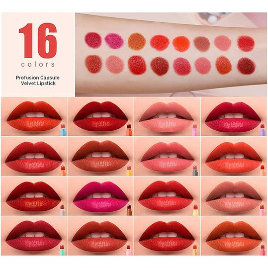 16 Color Mini Capsule Lipstick Set Mini Matte Lipstick Velvet Lipstick Set Nonstick Cup Easy To Color Long-lasting Waterproof Swab Lipstick Makeup Gift Set