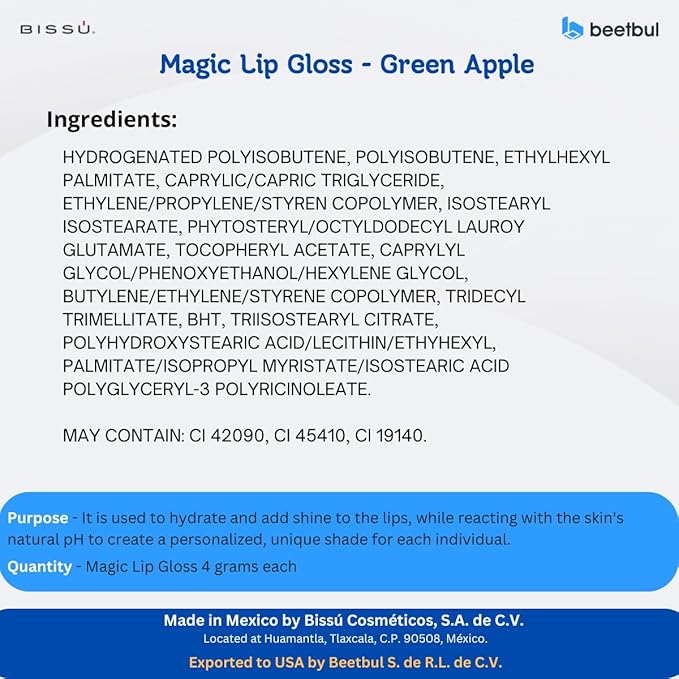 Bissú Magic Lip Gloss, 6 Fruity Scents, Moisturizing pH Reactive Gloss, with drop-shaped applicator and large size (02 Green Apple, 4 Grams)